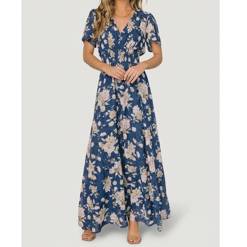Baltic Born Birdie Maxi Dress Blue White Floral Smocked Chiffon Short Sleeve 2XL